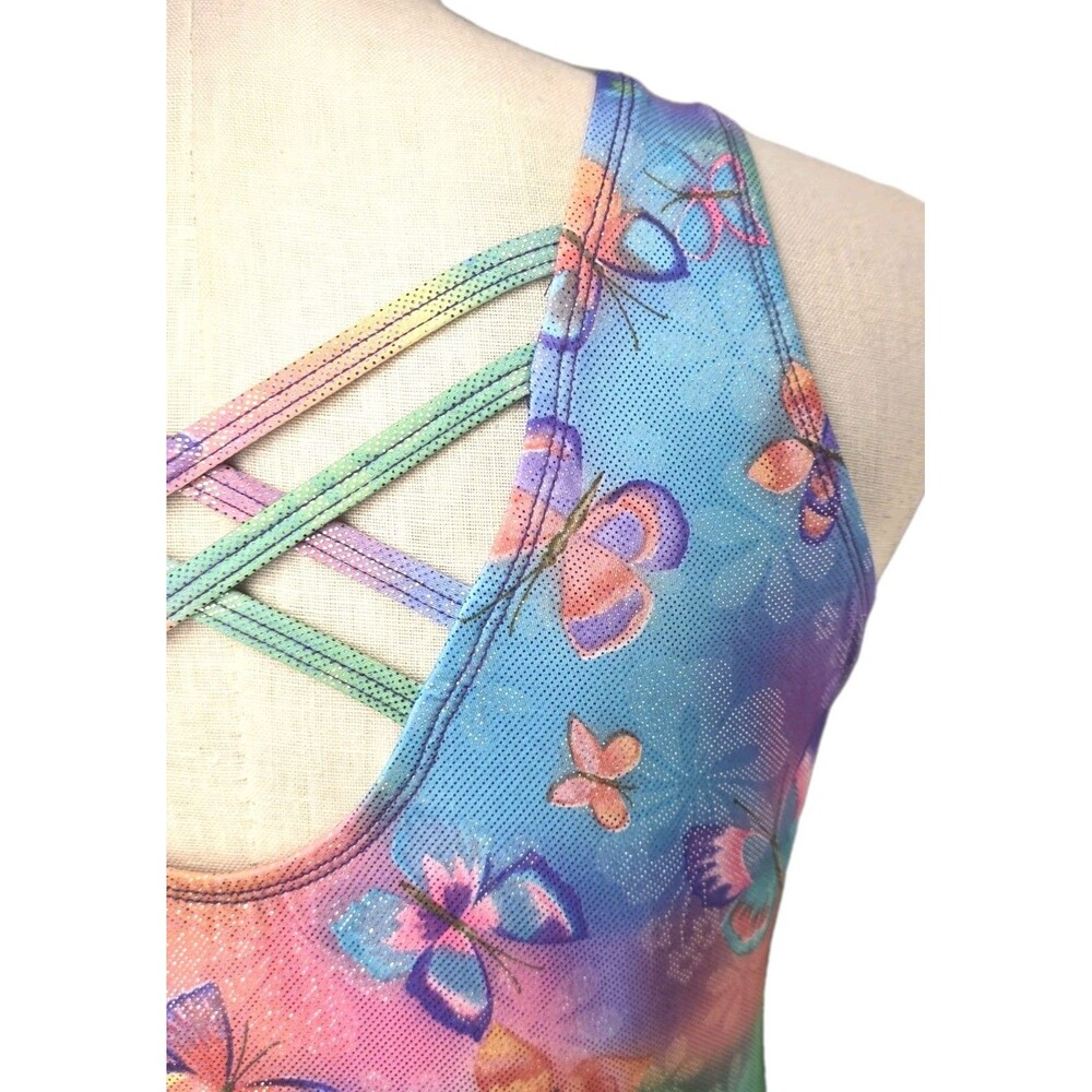 Satara VTG Neon Tie Dye Butterfly Sparkle Accent Tank Crossback Leotard Size AL - Picture 8 of 16